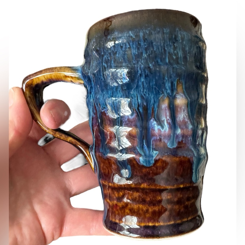 Handcrafted  Handmade Glazed Pottery Blue and Brown Ceramic Mug